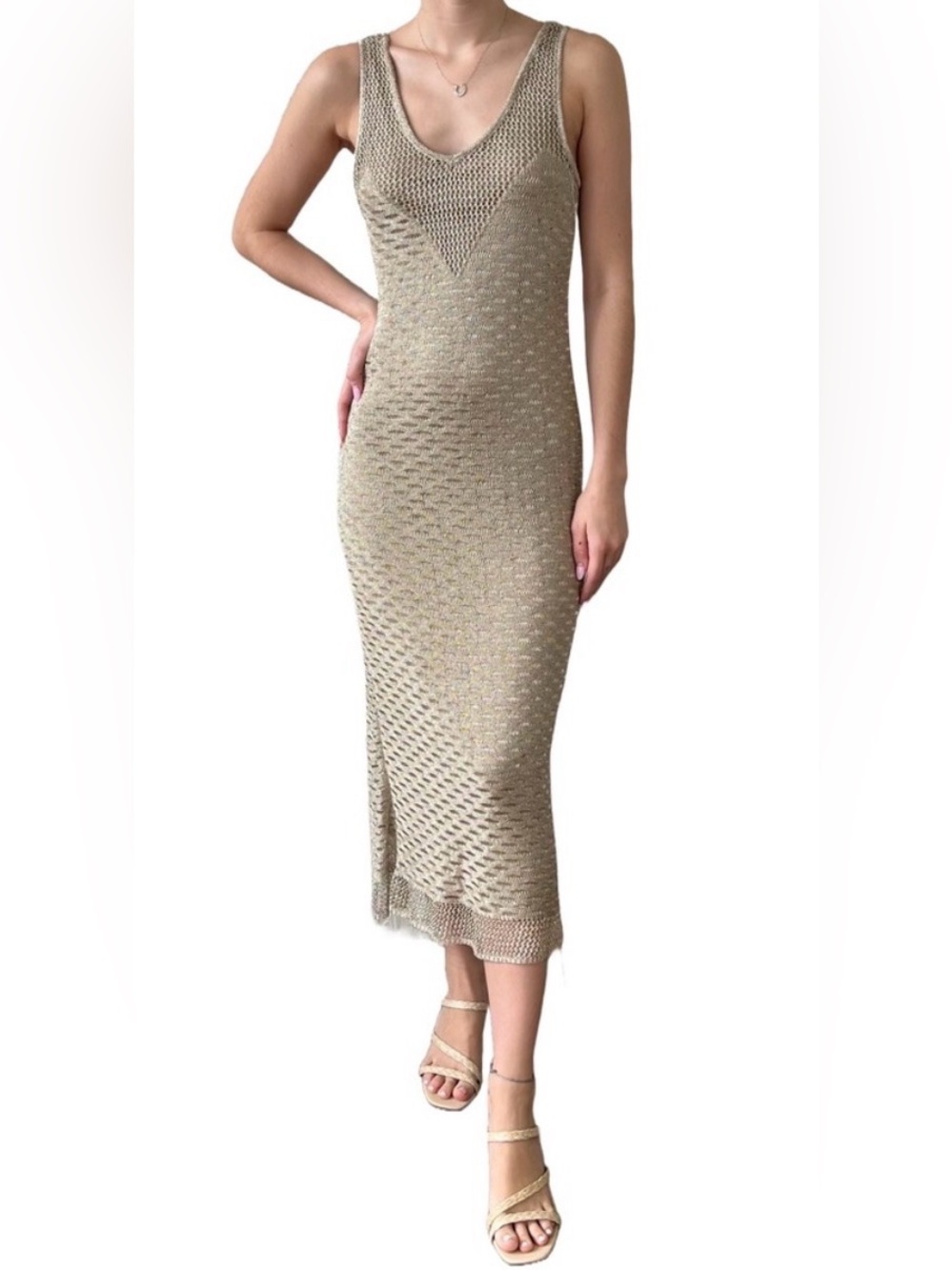 House of Harlow Gold Bodycon Metallic Gold Midi Dress Stretchy Lined Size Medium